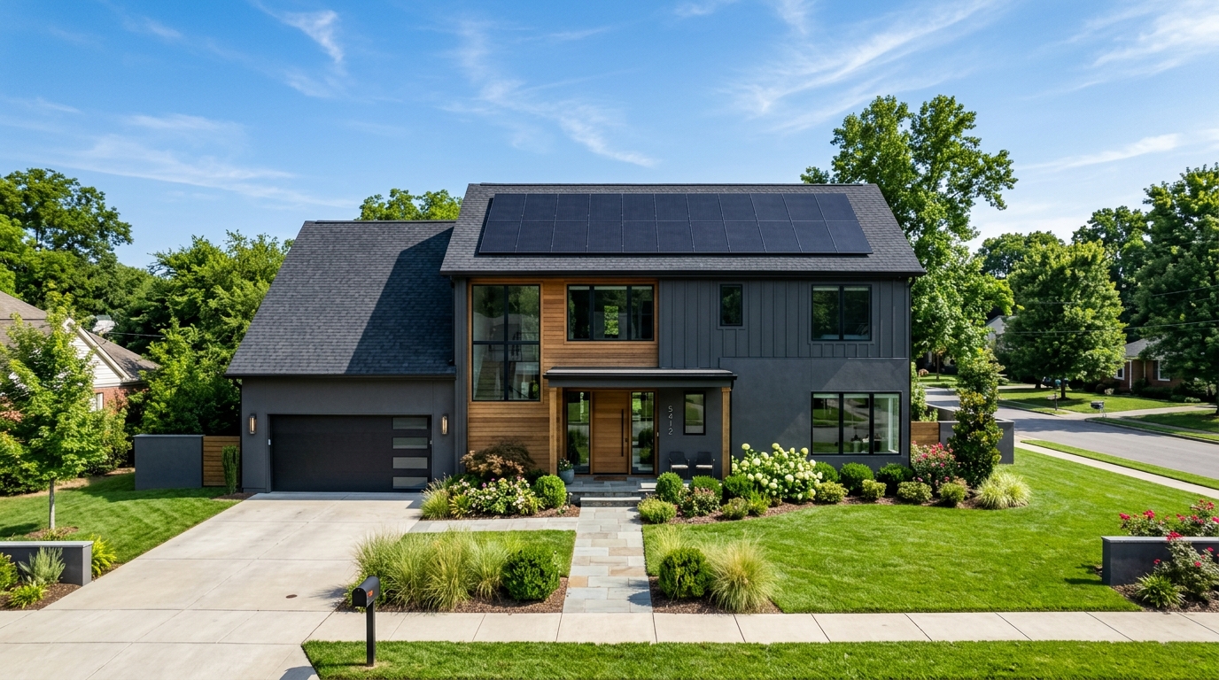 Modern Nashville suburban home with sleek all-black solar panel installation